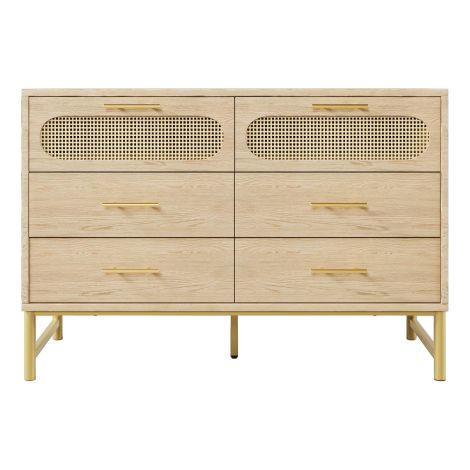 Buffet rotin 6 tiroirs, poignées métal, stable, 120×40×74 cm (1/5)