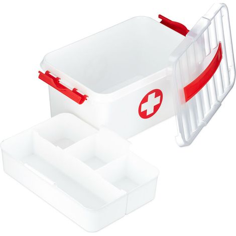 – Coffret de secours vide pour urgences – Boîte de premiers secours en plastique – Compartiments modulables – Dimensions 14,5 x 30 x 21 cm