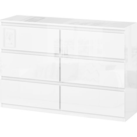 Commode 6 tiroirs blanc brillant – Meuble de rangement moderne pour chambre, salon ou bureau – 112 x 34 x 75 cm