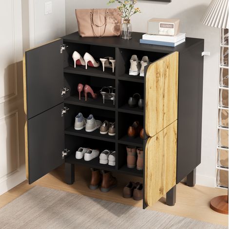 Scarpiera in MDF nero e naturale, 4 ante, ripiani regolabili, cerniere soft-close, 80 x 38,5 x 95 cm (1/5)