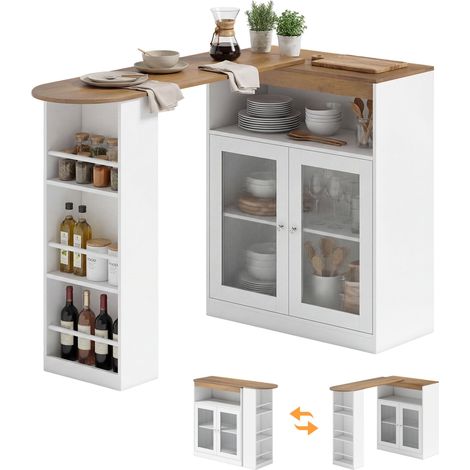 Table de bar extensible et pivotante à 90° avec étagères ouvertes et 2 portes vitrées 150 x 80 x 105,5 cm Blanc et naturel (1/5)