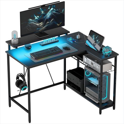 Bureau d'angle réversible avec LED prises et USB 107 cm noir (1/5)