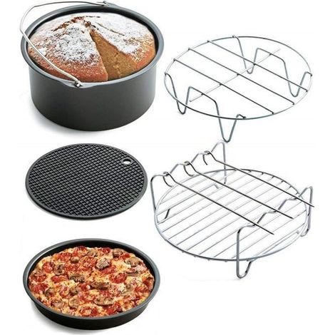 5 pièces accessoires friteuse air chaud, 20 cm, compatible 5,3 QT et plus, baril gâteau + moule pizza + support brochettes + tapis silicone + grille métal (1/4)