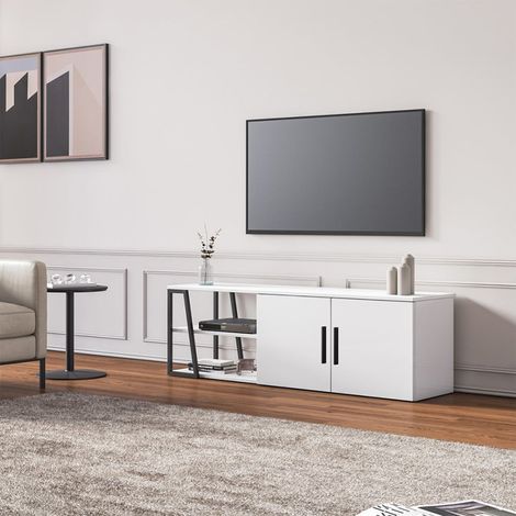 Mueble de TV 150 cm moderno color blanco brillo negro con 2 puertas Hyeres (1/5)