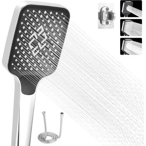 High Pressure Shower Head, 3 Modes Shower Head for Bathroom, Water Saving Shower Head, Large Shower Head with Hose and Base (Silver) (1/4)