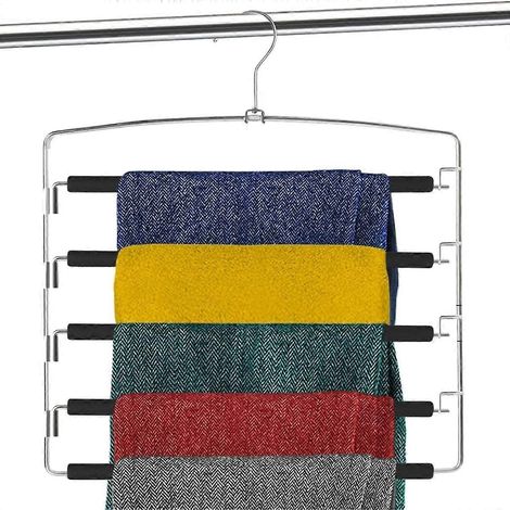 Cintre à pantalons à 5 niveaux antidérapant avec mousse, lot de 1, gain de place, pour hommes et femmes, idéal pour les jeans et autres pantalons, support à pantalons multiples. (1/5)