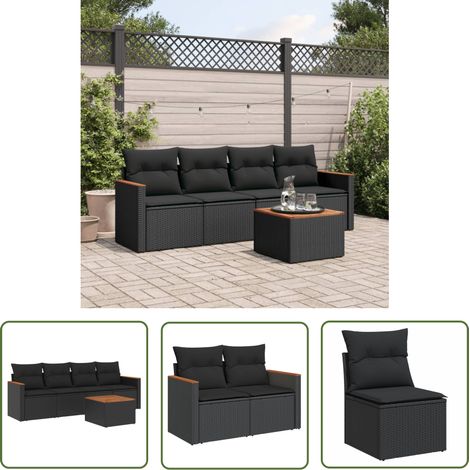 The Living Store Salon de jardin 5 pcs avec coussins noir résine tressée - Ensemble Salon De Jardin - Mobilier De Jardin - Salon Extérieur - Résine Tressée - Rotin Synthétique (1/5)
