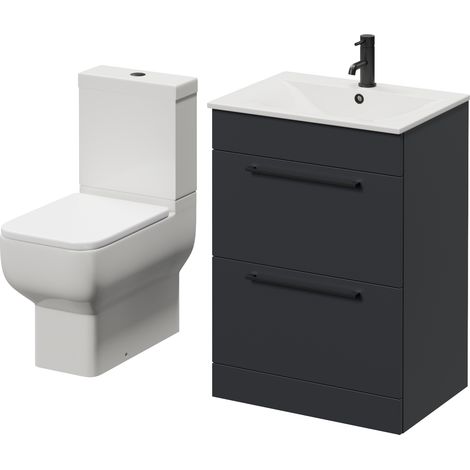 Napoli 460 Gloss Grey 600mm 2 Drawer Vanity Unit and Tacoma Comfort Height Toilet Suite with Angel Basin - 600mm - Matt Black 320mm Handle