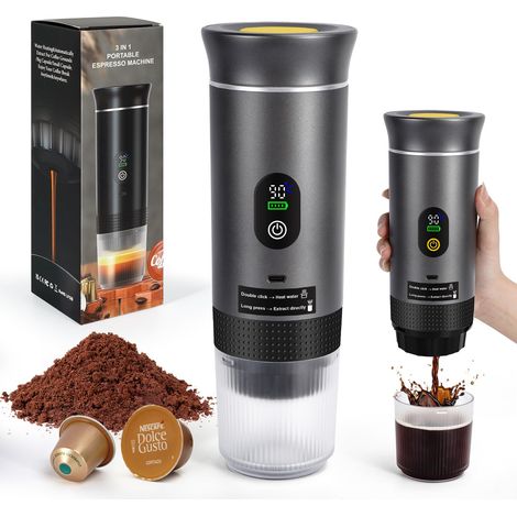 Machine à café portable machine à expresso de camping, machine à café à capsules Cafetière Rechargeable Chauffage Rapide, compatible avec café moulu et capsules de café, Gris (1/5)