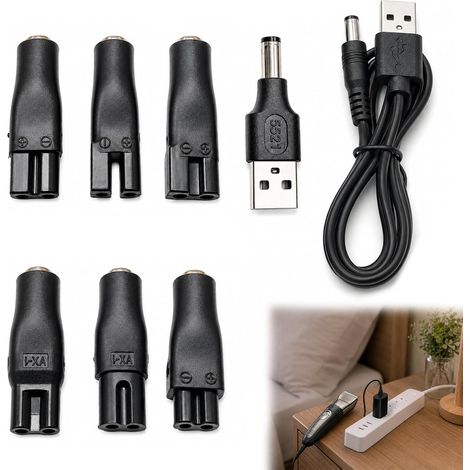 8 Pcs Chargeur Tondeuse, Câble USB 5V avec 7 Adaptateurs compatible avec des appareils OneBlade Braun BaByliss Hatteker Wahl et Intex, pour Rasoir Électrique Aspirateur Piscine et Accessoires (1/5)