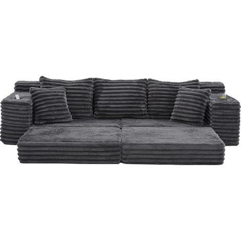 Sofá cama de pana con respaldo alto, bolsillos laterales y portavasos (1/5)