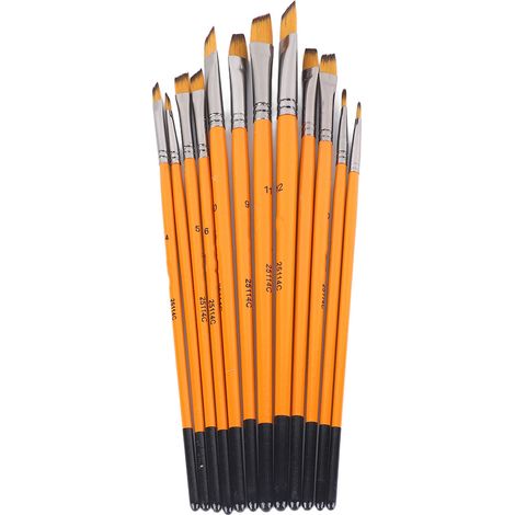 12 Pinceaux acryliques en nylon lisse, manche en bois, virole métallique, pointe oblique orange, idéaux pour artistes et loisirs créatifs. (1/5)
