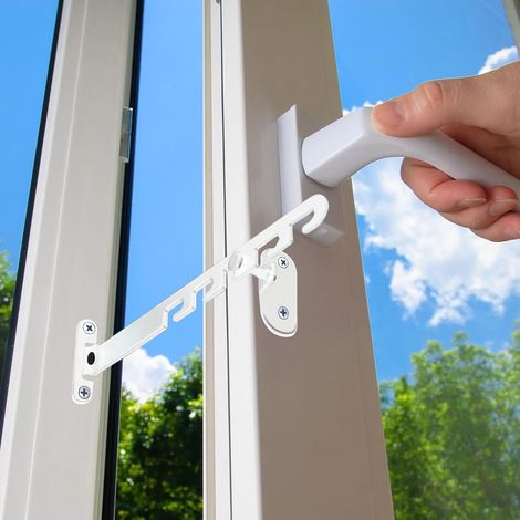 Limitador de ventana ajustable, limitador de ventana para bebés, sin necesidad de taladrar, seguro para ventanas de niños pequeños y mascotas (blanco) (1/5)