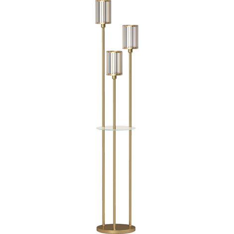 Stehlampe mit Regal mit 3-flammigen Glasschirmen Stehleuchte mit Glastisch 177 cm Gold (1/5)