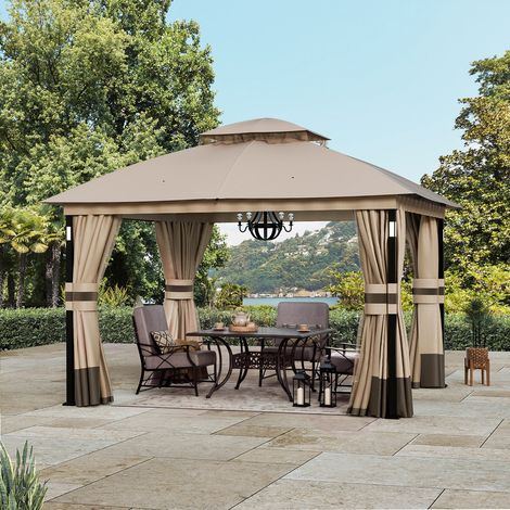 Modern Shade Pavillon 3x3.6m Wasserdicht Stabil Doppeldach mit 4 LED und Bluetooth Speaker Khaki (1/5)