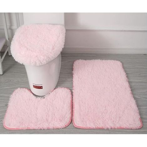 Lot de 3 tapis contour WC en microfibre – Antidérapants avec revers clouté PVC – Tapis de bain doux et absorbants – Rose (1/5)