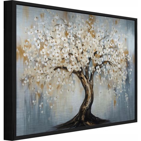 Peinture sur métal dans un cadre noir arbre fleurs loft salon chambre 120x80 (1/3)