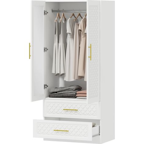 Armoire chambre penderie avec miroir, 2 tiroirs, 2 portes et barre de suspension, 80 x 50 x 180 cm, blanc (1/4)