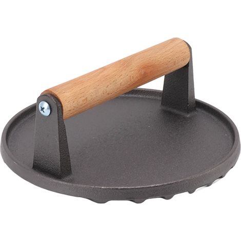 Presse à viande ronde en fonte avec surface rainurée et poignée en bois confortable, idéale pour les barbecues, les hamburgers et le bacon. (1/5)