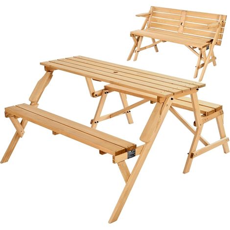 Table de Pique-Nique Interchangeable 2 en 1 Transformable, Ensemble Table et Banc d'extérieur en Bois, Banc Pliable Portable avec Trou pour Parasol, pour Jardin, arrière-Cour, Porche, Marron (1/5)