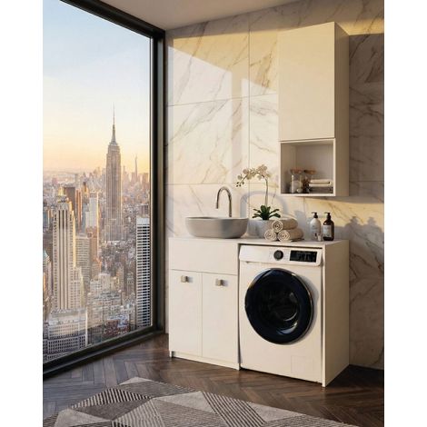 Mobile coprilavatrice Sindy Dx - Contenitore salvaspazio per bagno e lavanderia - Lavatrice non inclusa - Lavandino e Pensile compresi - Bianco - 122x93x60 cm (1/3)