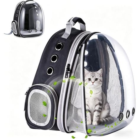 Sac Transport Chatet à l'arrière Extensible Transparent, Sac a Dos Chat Sac à Dos Chien, pour Petits Chiens et Chats, la Randonnée et l'utilisation en Extérieur (Noir, Front Expand) (1/5)