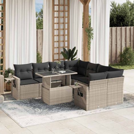 Set muebles jardín 9 pzas y cojines ratán sintético gris claro vidaXL (1/5)