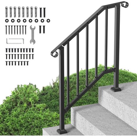 Rampe d'Escalier pour 2-3 Marches Extérieures Main Courante Escalier en Acier au Carbone, avec Kit d'Installation, pour Personnes Âgées, Marches en Béton, Porche, Terrasse, Arche Rétro Noir (1/5)