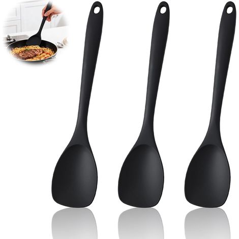 Lot de 3 Spatule Silicone Noir 28 cm, Spatules en Silicone Résistantes à la Chaleur, Spatule Cuisine Silicone avec Manche Long et Trou de Suspension, pour Remuer, Mélanger, Servir (1/5)