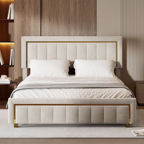 Letto contenitore 140x190 cm con rete sollevabile e testiera imbottita Moderno - velluto con finitura dorata - grigio