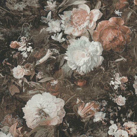 Blumen Tapete Profhome 388213 heißgeprägte Vliestapete leicht strukturiert mit floralen Ornamenten schimmernd braun weiß grau beige 5,33 m2