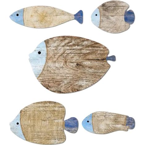 JSSEVN-Putuo Decor Décoration Murale Poissons Bois, Lot de 5 Silhouettes Style Bord de mer, Teintes Bleu Naturel, déco Marine pour Salle de Bain (1/5)