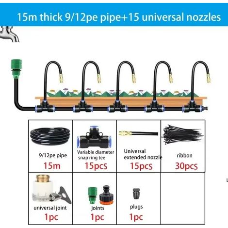 Kit d'arrosage automatique universel (15 m) 5-20 m avec buse rotative en cuivre pour jardin et balcon. (1/4)