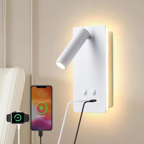 Applique murale LED lampe de lecture murale avec port USB C + A, lampe de chevet tête de lit avec veilleuse 9 W + 3 W 3000 K (Blanc) (1/5)