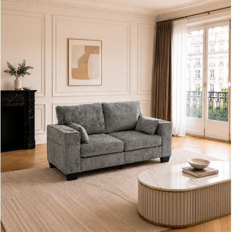 Divano 2 posti in ciniglia grigio scuro, 182 x 76 x 62 cm, con portabicchieri DESVIAE (1/5)