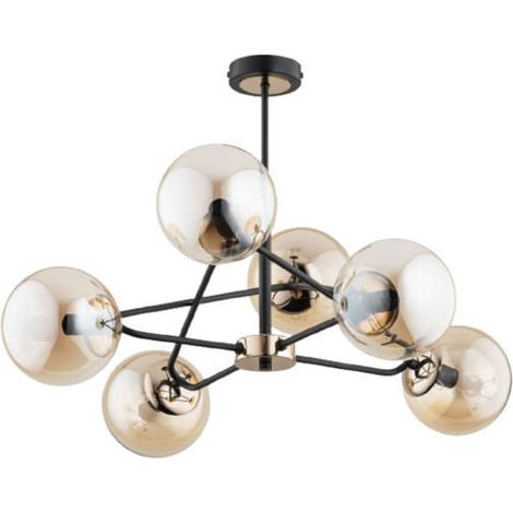 Alfa SAGITO Ceiling Light, Black Metal with Antique Brass & Glass Globe Shades, 6xE14 10W, Dimmable Modern Chandelier, Large Statement Ceiling Fixture for Living Room, 55x62cm