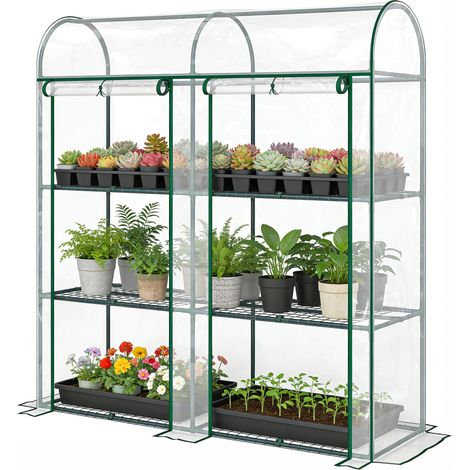 Dreistöckiges Gartengewächshaus, kleines Gewächshaus mit PVC-Abdeckung und Stahlrahmen, 2 Schiebetüren, transparent