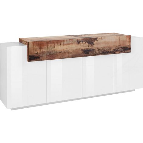 Credenza 4 Ante Battenti + 1 Anta a Ribalta 200x45x85,5 cm Coro Bianco Lucido e Acero Pereira (1/4)