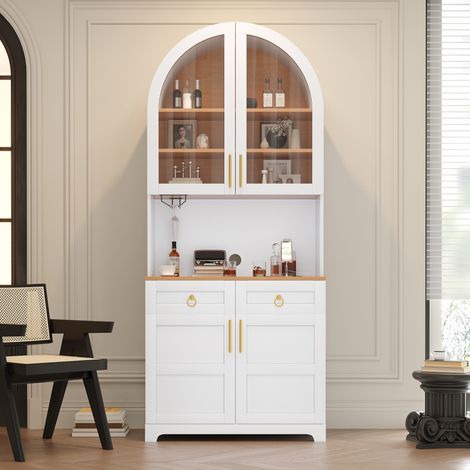 Vaisselier Buffet Haut 80x40x180 cm, Vitrine Arche LED App et Prises USB Rangement Cuisine, meuble de cuisine - Rétro Blanc