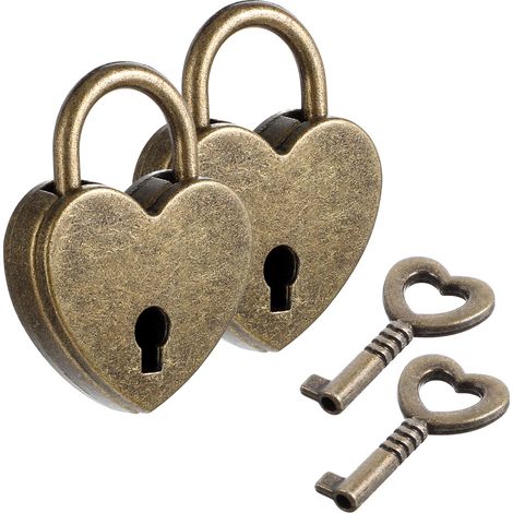Lot de 2 petits cadenas en forme de cœur avec clé, bronze antique pour boîte à bijoux, agenda, casier (1/5)