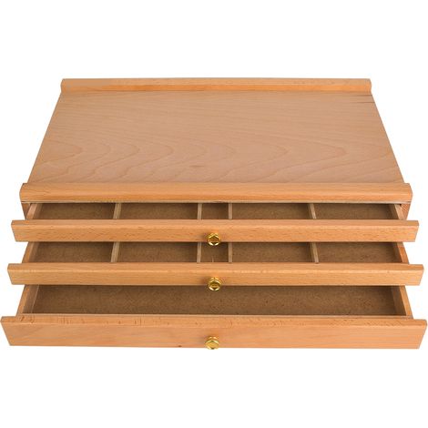 Coffre de rangement en hêtre pour accessoires de dessin et peinture, 3 tiroirs, boîte à outils d’artiste en bois massif (1/5)