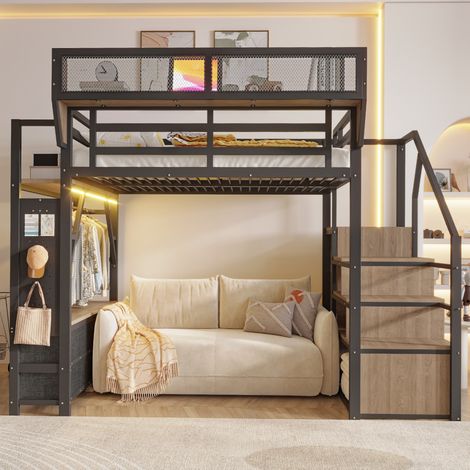 Cama alta de 140x200 cm con iluminación LED y espacio de almacenamiento, estantes, cajones de tela, estructura metálica - negra (1/5)