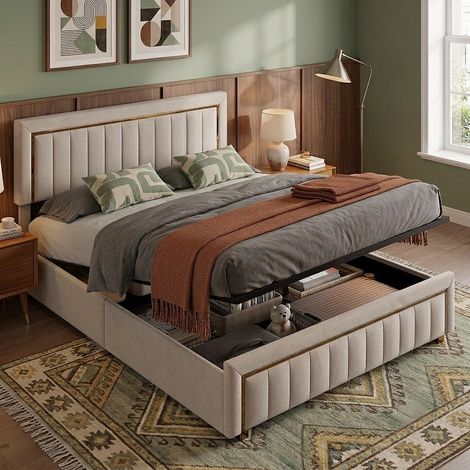 Lit Coffre 140x190 en Velours Rangement Hydraulique, Lit Double Chic avec Tête de Lit Rembourrée et Liseré Doré, Sommier à Lattes - Beige (1/5)