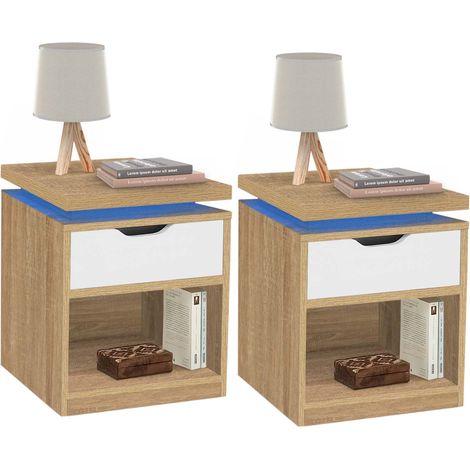 Set di 2 comodini LED LUNA a 1 cassetto con nicchia in faggio e bianco (1/5)