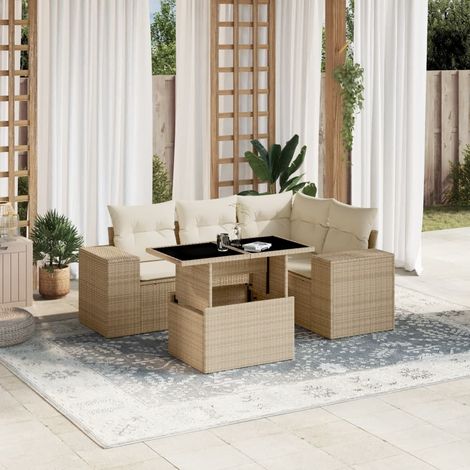 vidaXL 5-tlg. Garten-Sofagarnitur mit Kissen Beige Poly Rattan (1/5)
