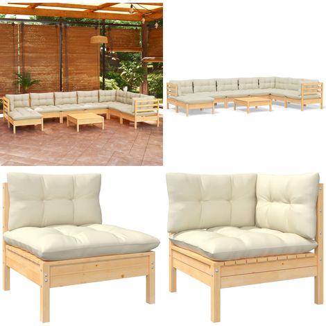 9-tlg. Garten-Lounge-Set mit Creme Kissen Massivholz Kiefer - Gartenmöbeln - Lounge Set - Outdoor Möbel - Kiefernholz - Rattan - Home & Living (1/5)