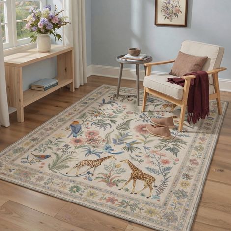Tapis Salon Vintage 120x170cm Lavable en Machine Rug AntidéRapant Poil Ras, pour Chambre Salle a Manger Descente de Lit Bureau, Cuisine,Beige Savane Antique (1/5)