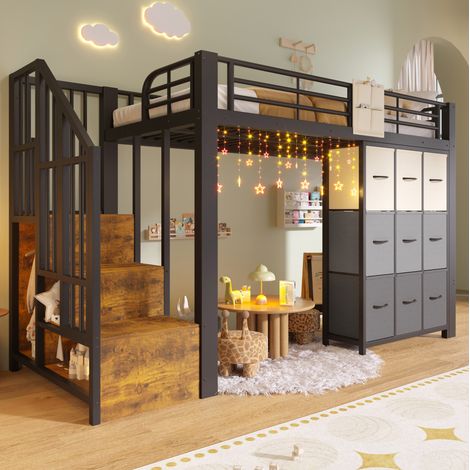 Letto a soppalco 90x200 cm in metallo e MDF bianco/nero con contenitore, armadio integrato e scaletta contenitore (1/5)