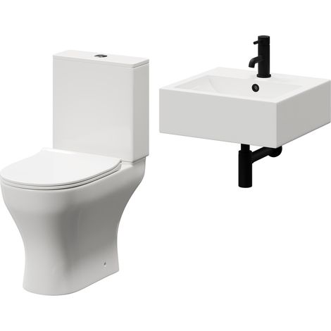 Wholesale Domestic Elvas 470mm Wall Hung Basin and Toilet Suite including Round Matt Black Bottle Trap and Open Back Toilet (1/5)