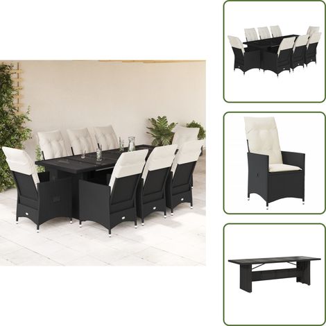 The Living Store 9-tlg. Garten-Bistro-Set mit Kissen Schwarz Poly Rattan - Gartenmöbel - Bistroset - Esstisch - Lounge Möbel - Outdoor Furniture (1/5)